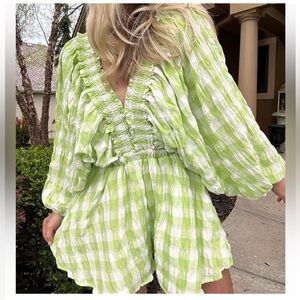 Mable Green Gingham Romper